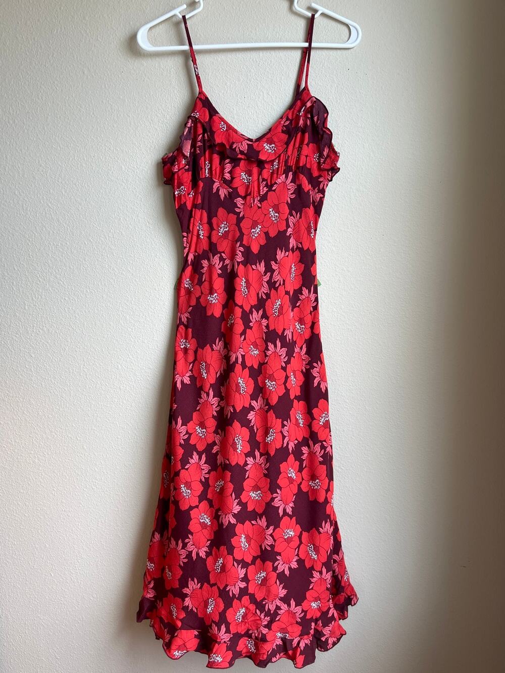 Rolla’s Shelley Datura Slip Dress Raspberry Red Floral Ruffle Hem Small